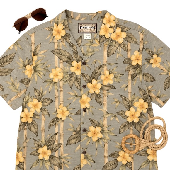 Jamaica Jaxx Other - Jamaica Jaxx Bamboo & Hibiscus Resort Hawaiian Shirt – Size L –100% Silk in EUC